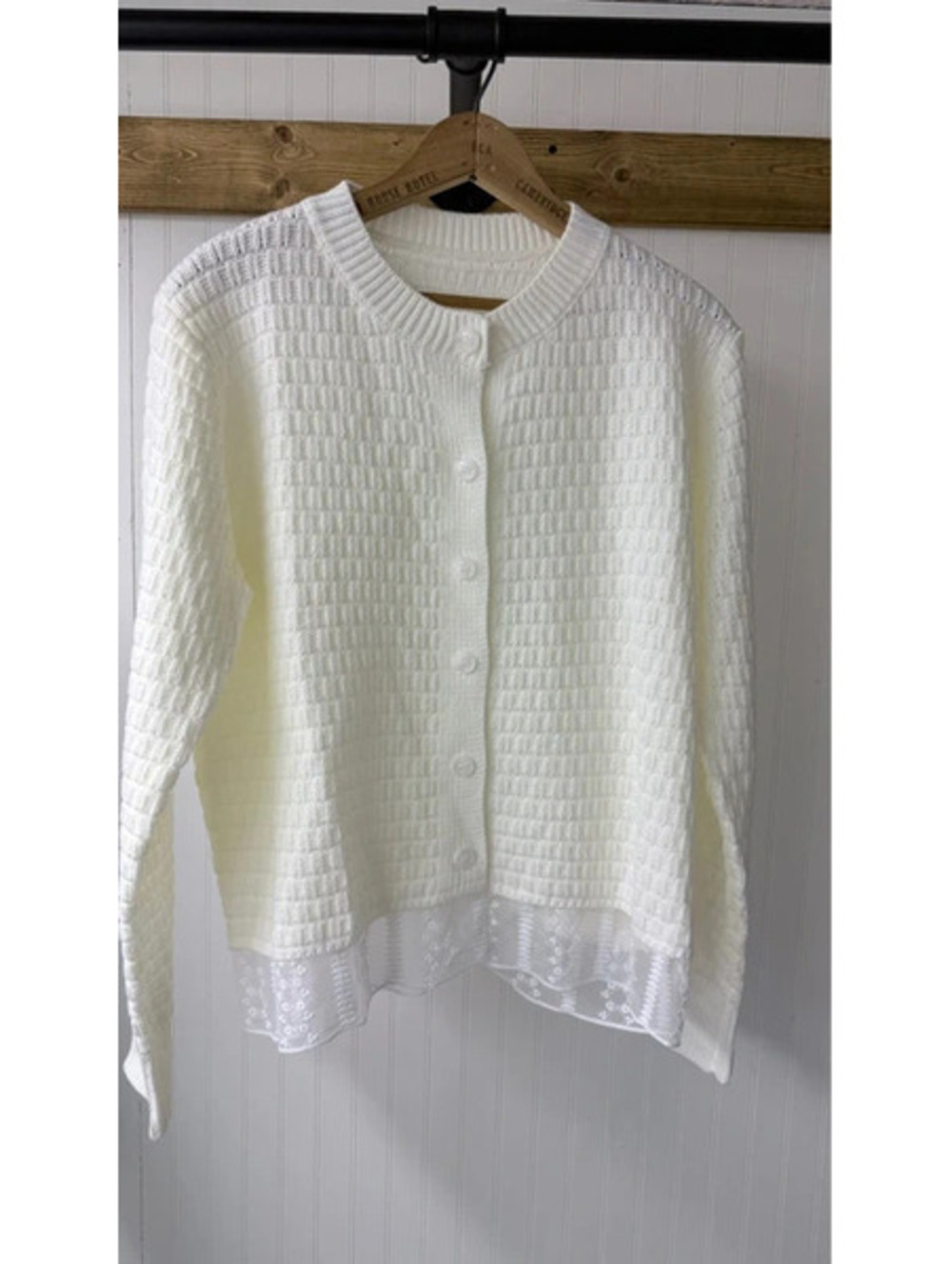 Off white crew neck knit cardigan sheer lace hem granny cottagecore xl